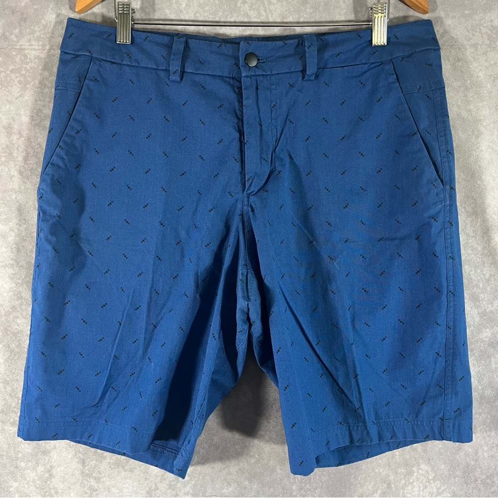 Lululemon Commission Shorts Mens 36 Blue Geometric Diamond Print Organic Cotton
